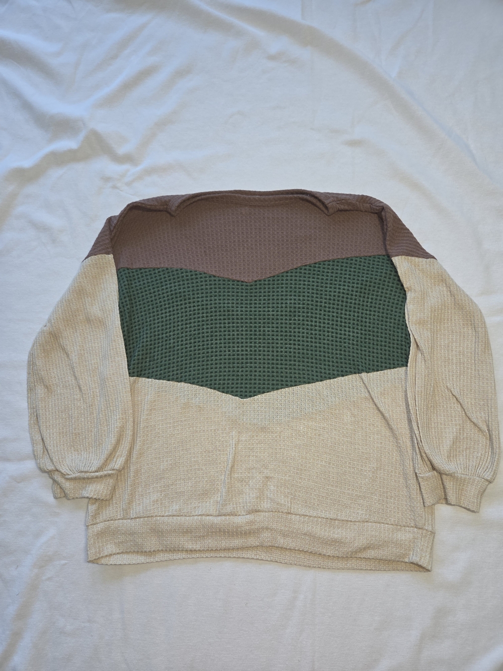 Colorblock Waffle Crewneck Top in Green, Brown & Cream
